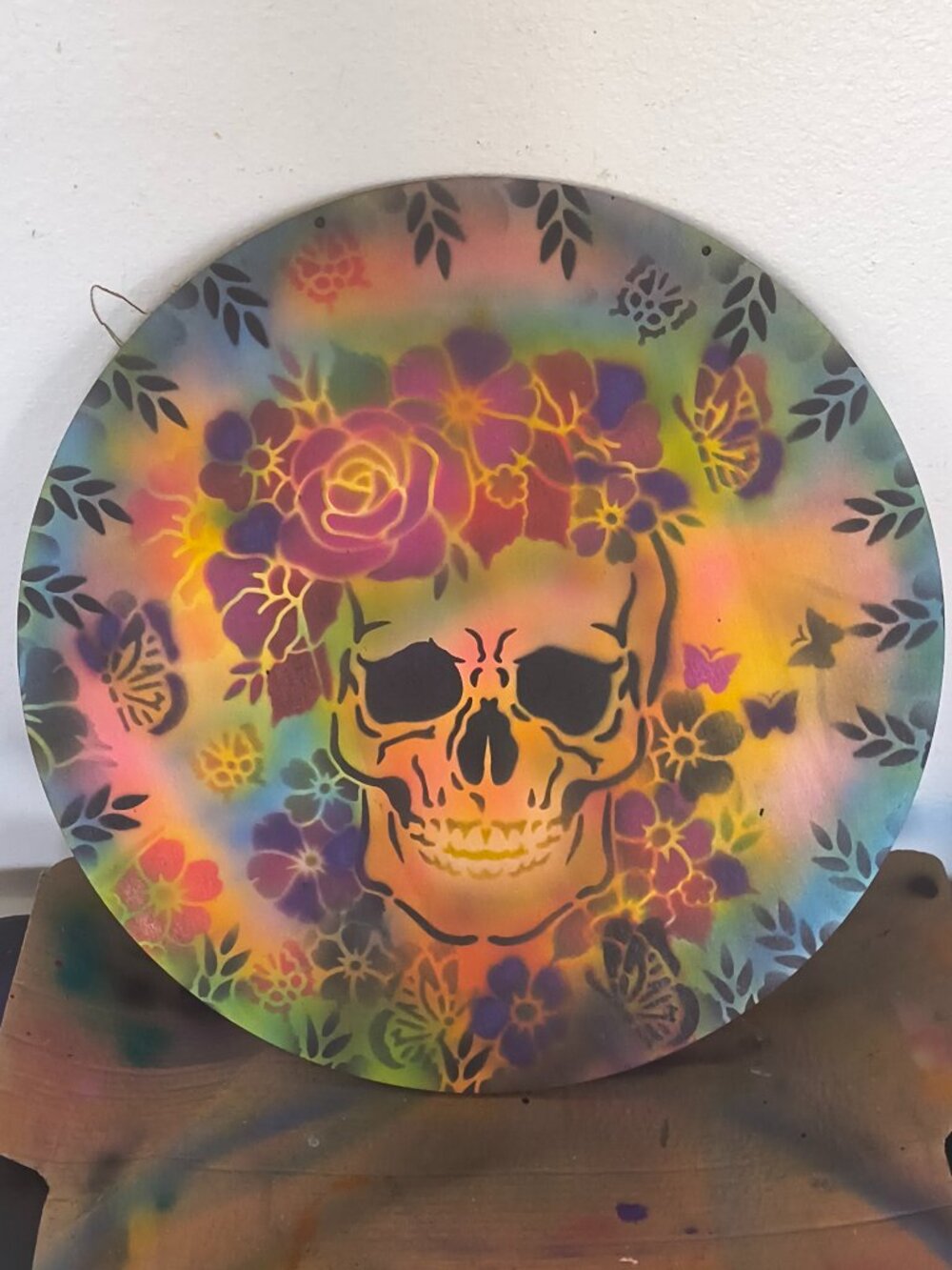 Handmade skull, floral, butterflies, Gothic themed airbrushed wooden sign
